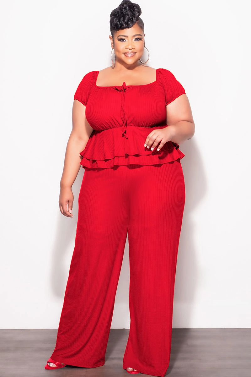 Final Sale Plus Size 2pc Ribbed Peplum Top and Pants Set in Red AllDayCompression Full Flex