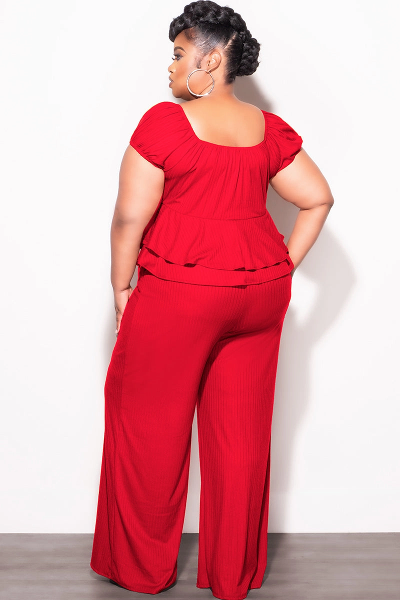Final Sale Plus Size 2pc Ribbed Peplum Top and Pants Set in Red Recycled Polyester