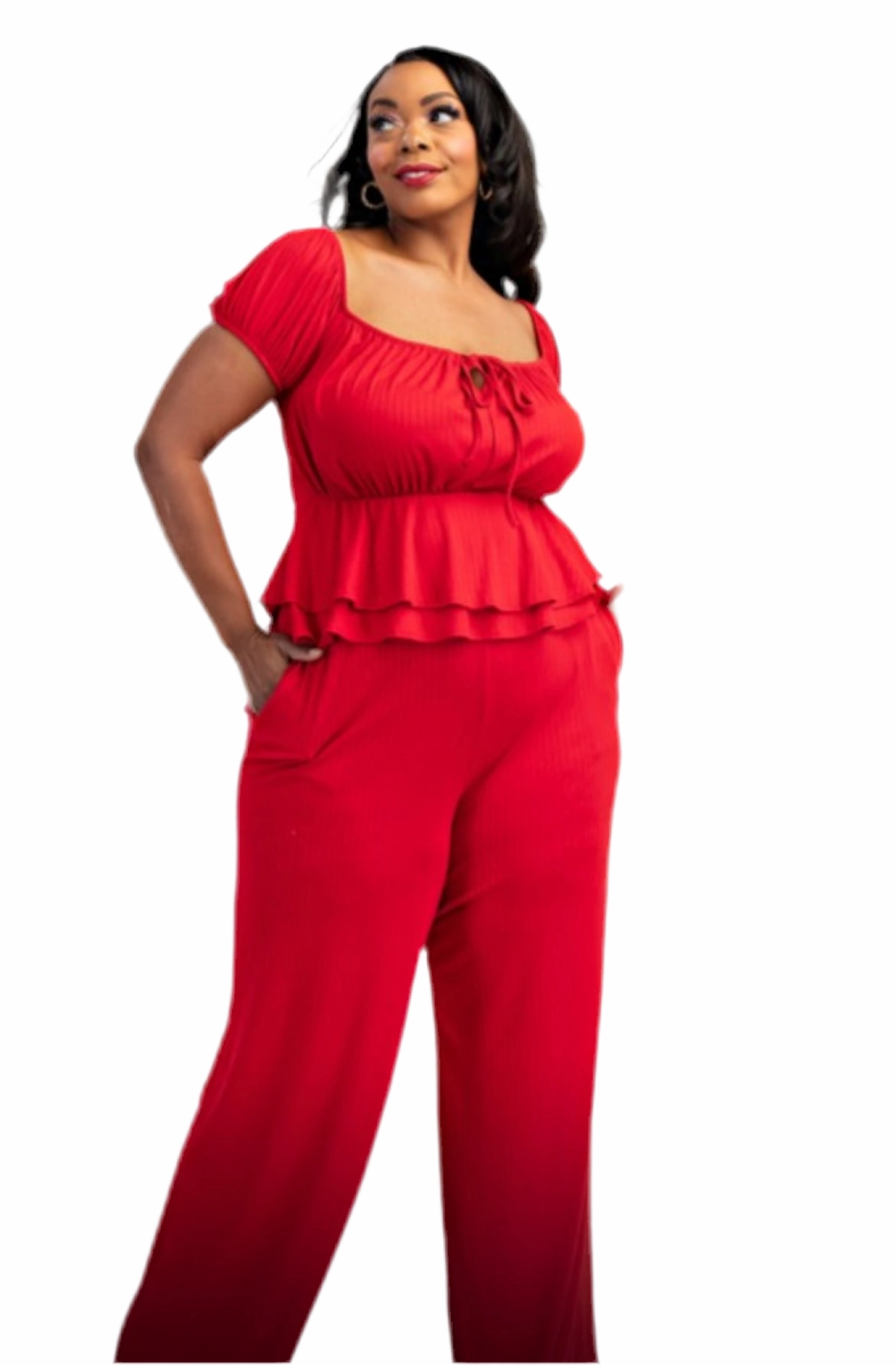 Quick Drying Final Sale Plus Size 2pc Ribbed Peplum Top and Pants Set in Red