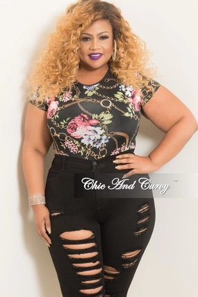 Final Sale Plus Size Chain Print Bodysuit in Black Floral Print Layering Piece Water-resistant