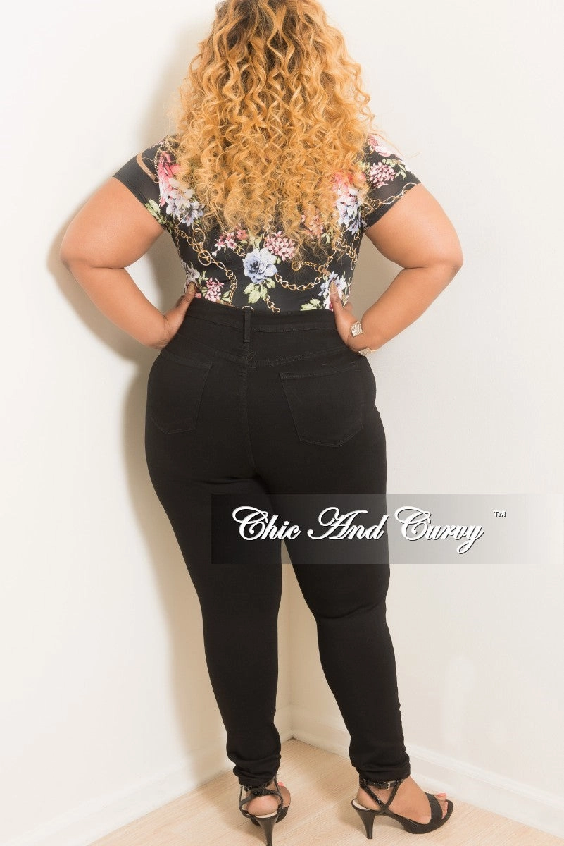 Lightweight Fabric Final Sale Plus Size Chain Print Bodysuit in Black Floral Print