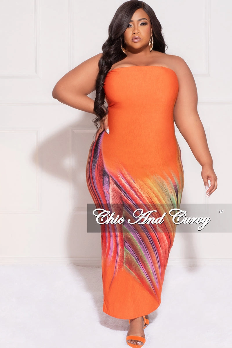 Eco Friendly Fabric Final Sale Plus Size Strapless Tube BodyCon Dress in Orange Multi-Color Print