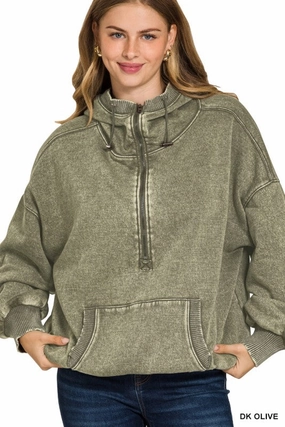 Wendy Washed Drawstring Hem Half Zip Kangaroo Hoodie FlexibleCuff