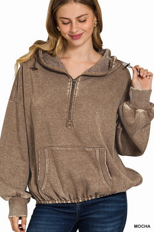 LayeredCuff Double Stitched Seams Wendy Washed Drawstring Hem Half Zip Kangaroo Hoodie