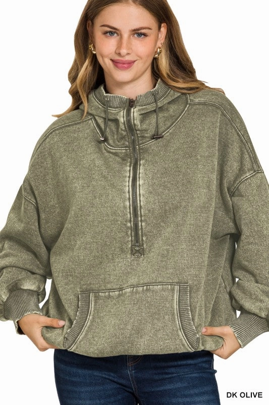 Wendy Washed Drawstring Hem Half Zip Kangaroo Hoodie FlexibleCuff