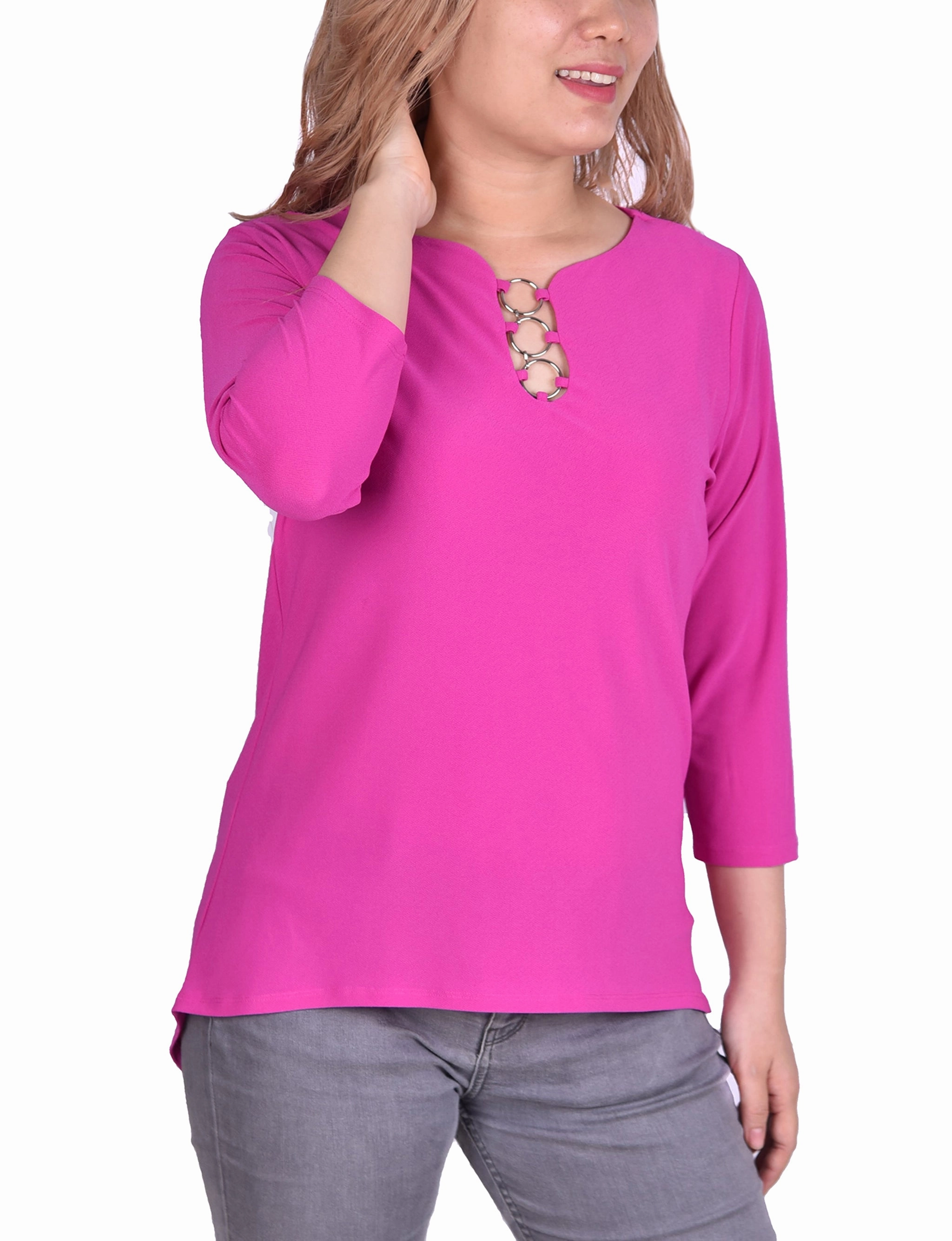 StretchMaterial OdorResistant Treatment 3/4 Sleeve Crepe Top With 3 Rings