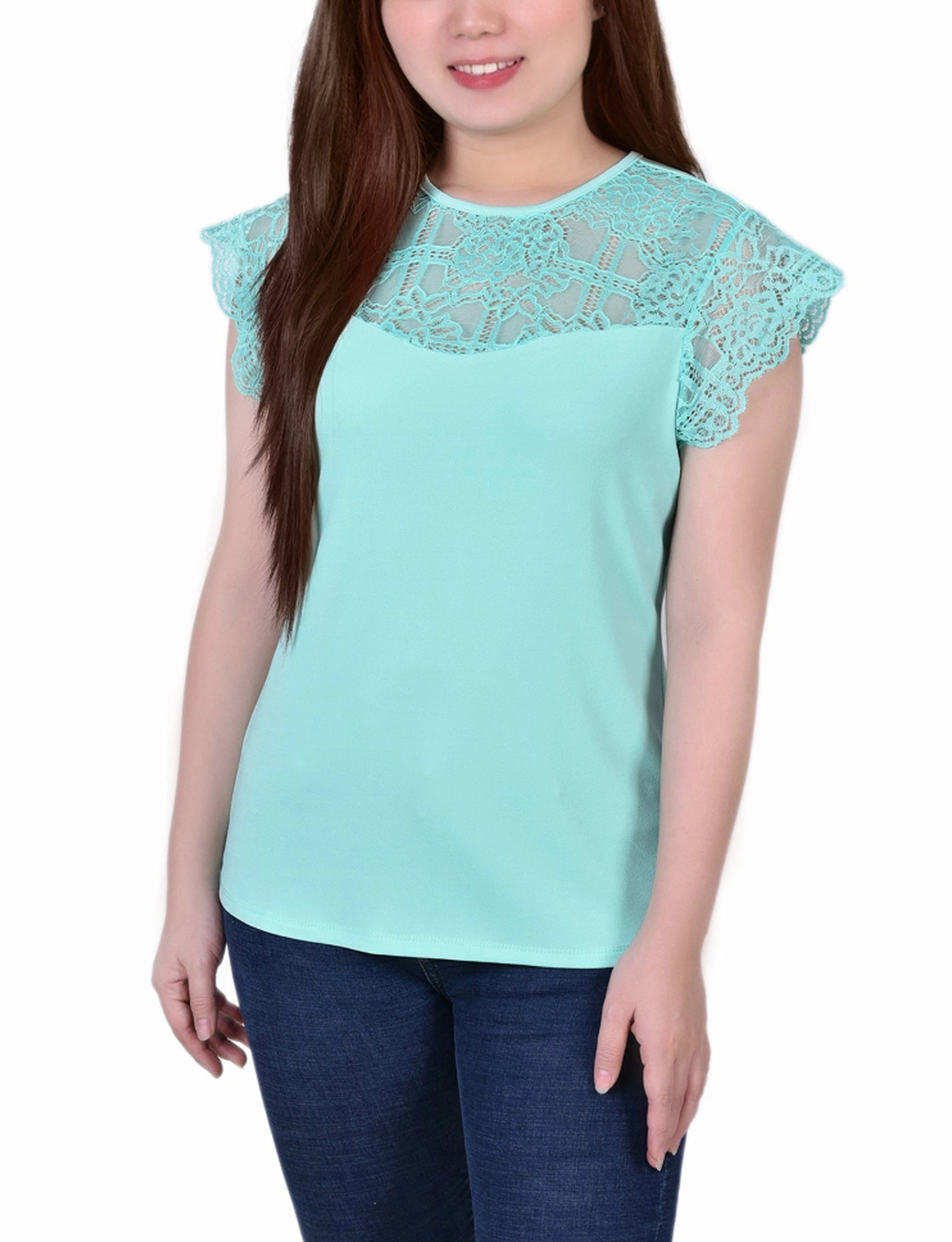 Crepe Knit Top With Lace Flanged Sleeve and Yoke Silicone Grip Interior