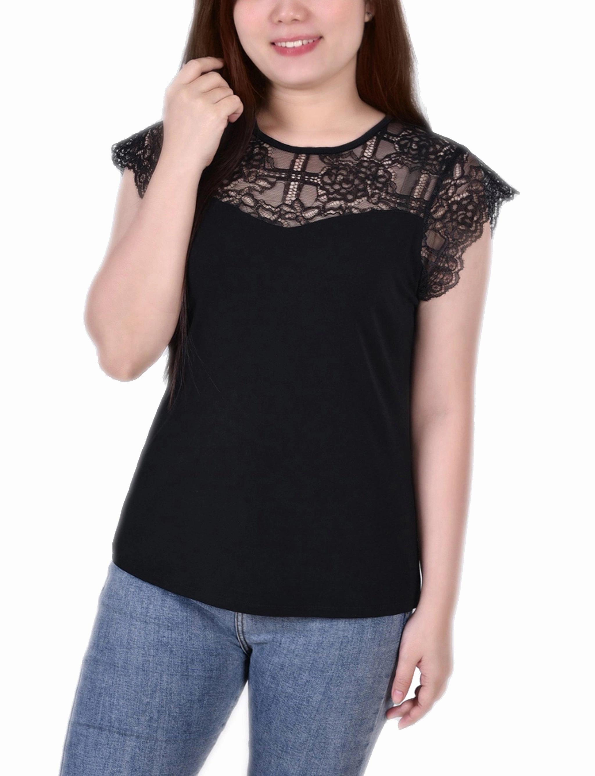 Crepe Knit Top With Lace Flanged Sleeve and Yoke Contrast Stitch Accent