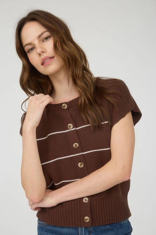 Amanda Stripe Button Down Short Sleeve Knit Cardigan Non Chafing Side Seams