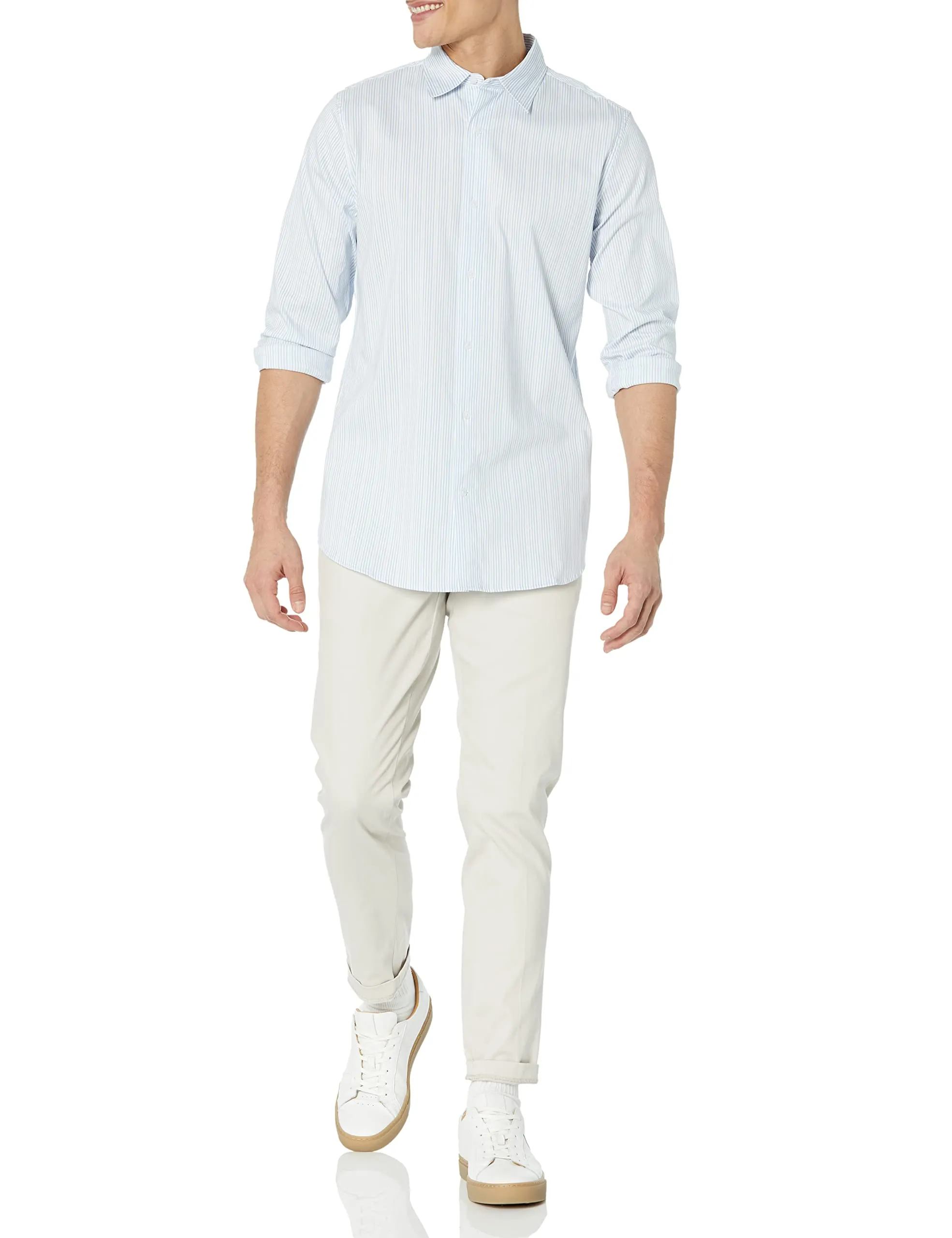 Amazon Essentials Men's Slim-Fit Long-Sleeve Stretch Dress Shirt, White Pinstripe, XX-Large