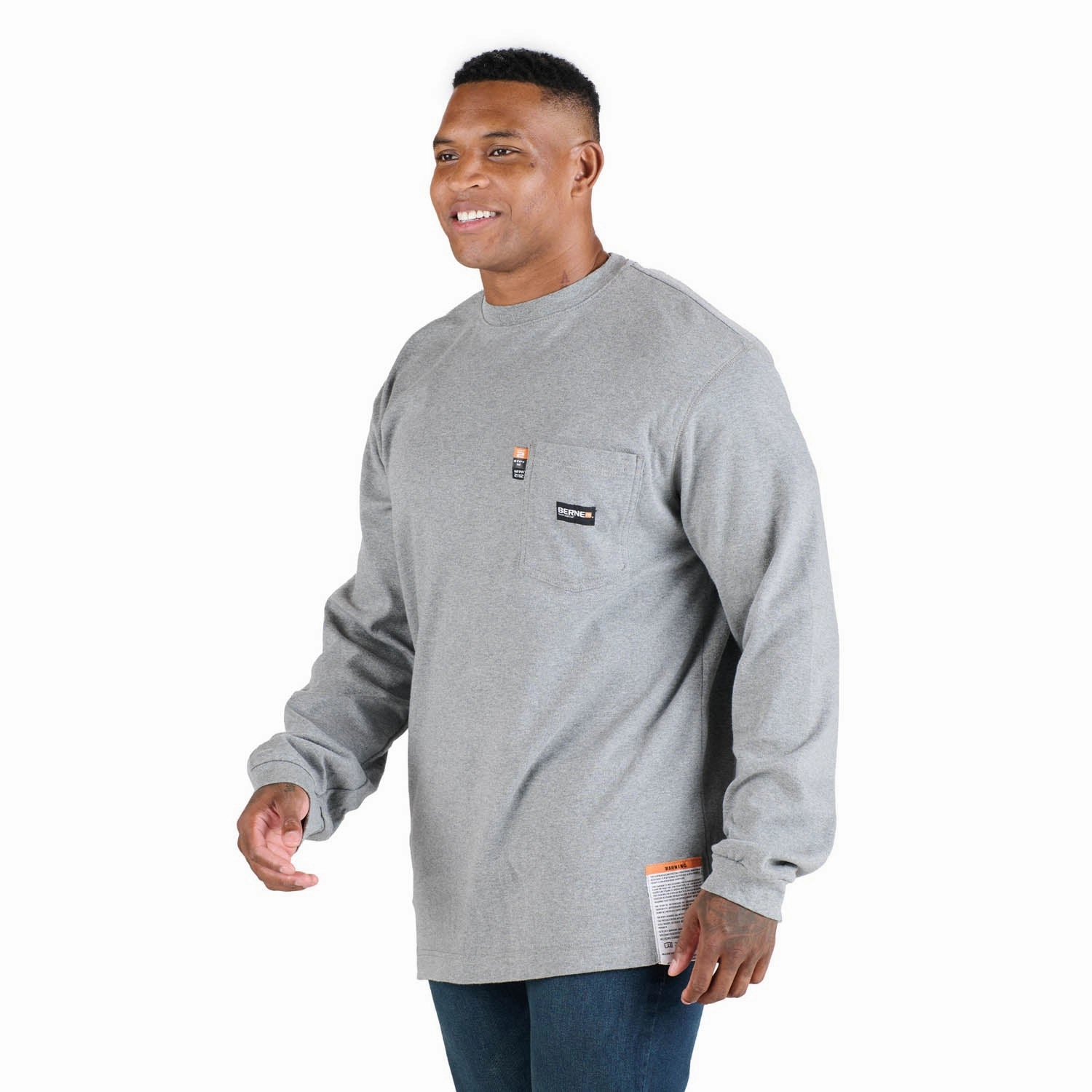 Berne Mens FR Crew Neck Pocket Grey 100% Cotton L/S T-Shirt Comfy Wardrobe Everyday Look
