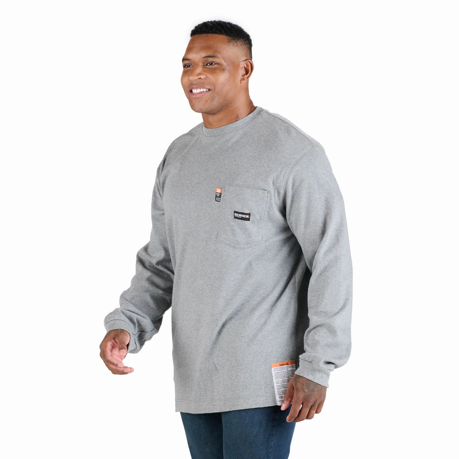 Berne Mens FR Crew Neck Pocket Grey 100% Cotton L/S T-Shirt yoga clothing
