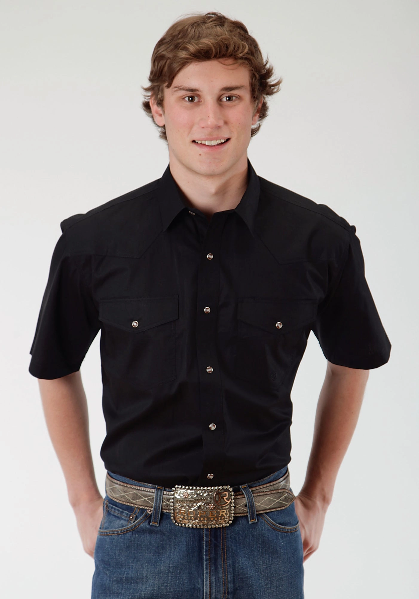 Roper Mens Black 100% Cotton S/S Shirt Odor Resistant Patterned Texture