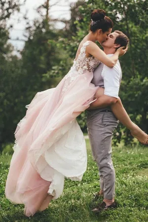 Anneprom Sheer Round Neck Pink Wedding Dresses Backless Bridal Gown With Lace Appliques APW0346