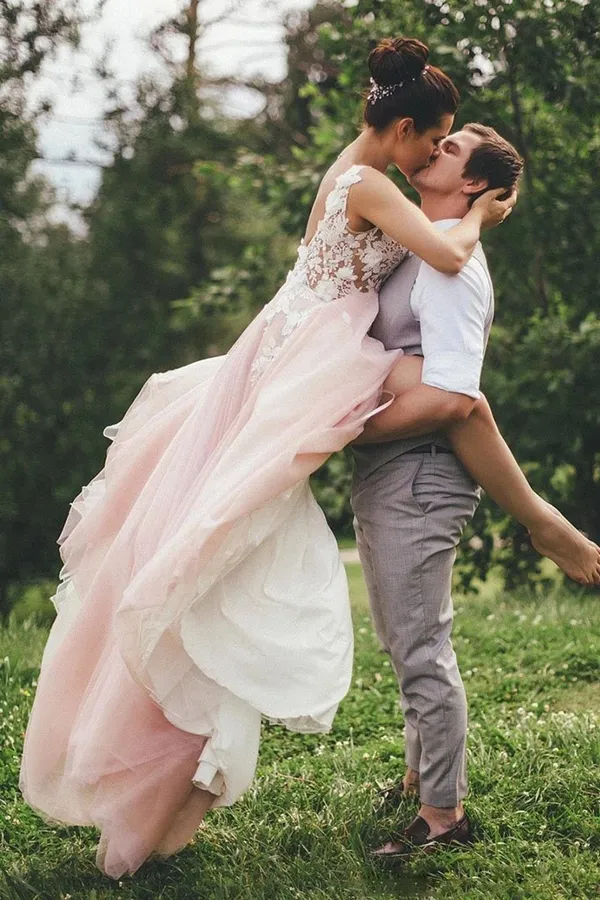 Anneprom Sheer Round Neck Pink Wedding Dresses Backless Bridal Gown With Lace Appliques APW0346