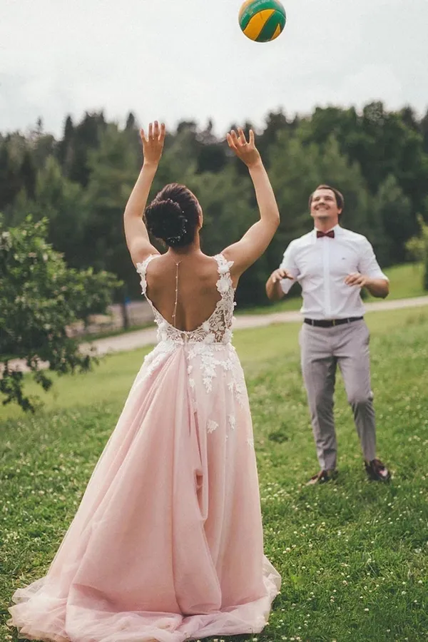 Anneprom Sheer Round Neck Pink Wedding Dresses Backless Bridal Gown With Lace Appliques APW0346