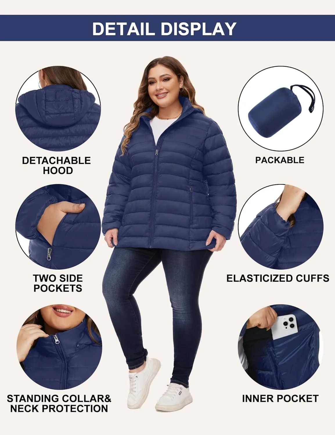ANOTHER CHOICE Plus Size Packable Puffer Coat for Women, Light Weight Winter Jacket with Hood