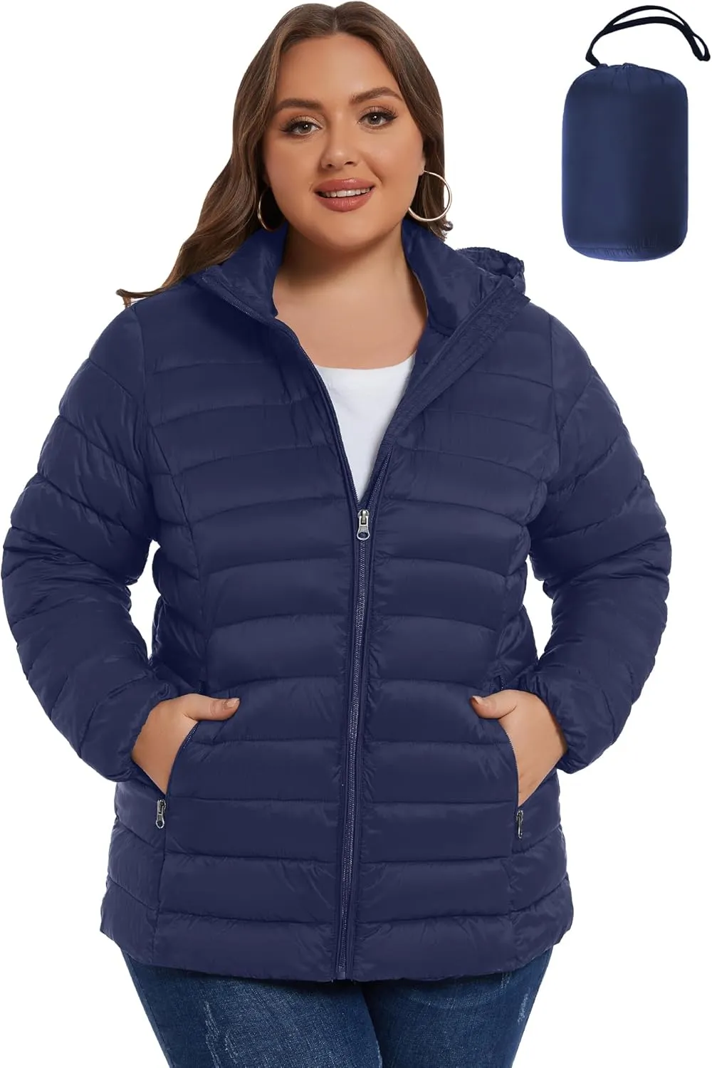 ANOTHER CHOICE Plus Size Packable Puffer Coat for Women, Light Weight Winter Jacket with Hood