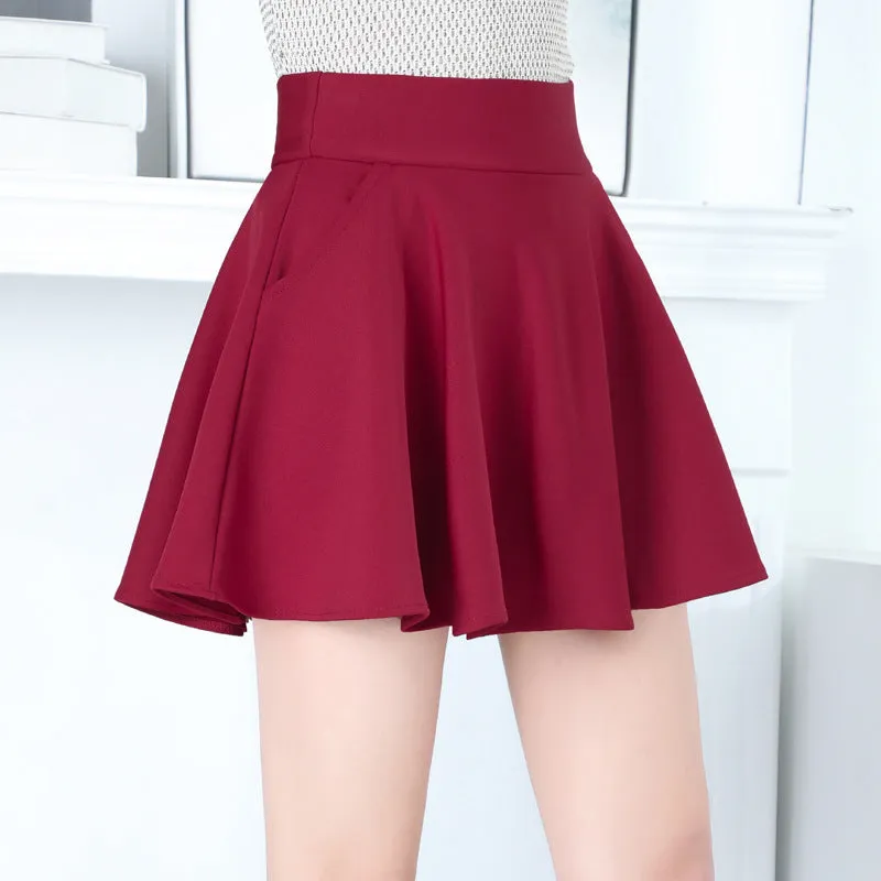 Anti-Exposed Skirt High Waist Stretchable Pleated Flare A-Line Women Pocket Black Skirt