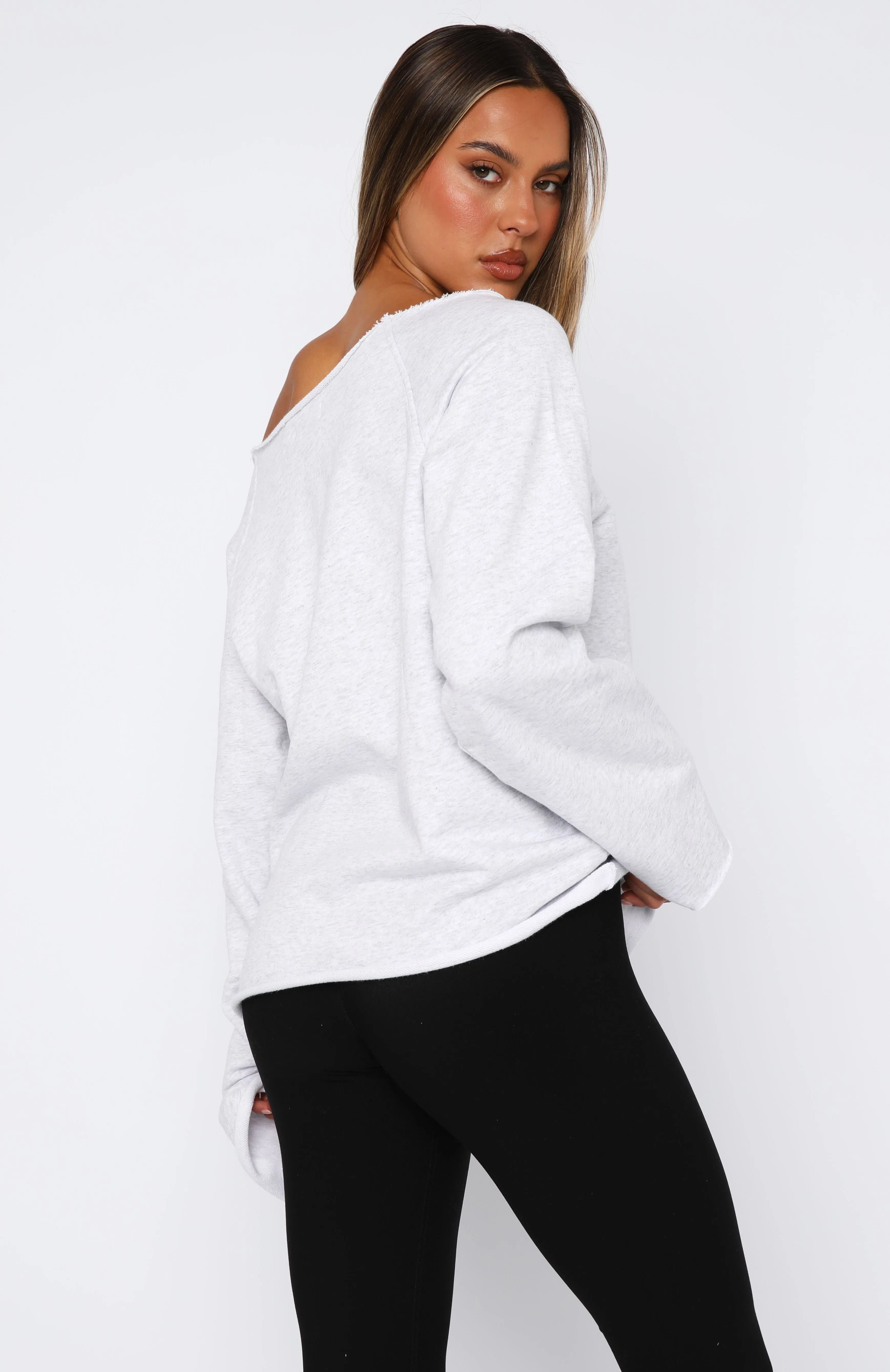Comfy Style CroppedLength Celebrating Me Off Shoulder Sweater Grey Marle