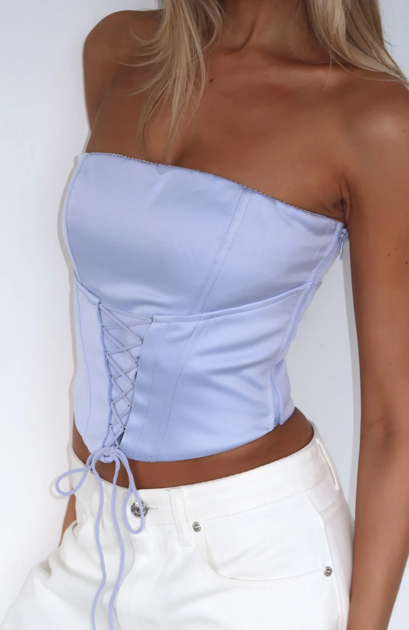 Dreamer's Anthem Strapless Bustier Cornflower Blue Interlock Stitch Detail AllClimateAdaptive