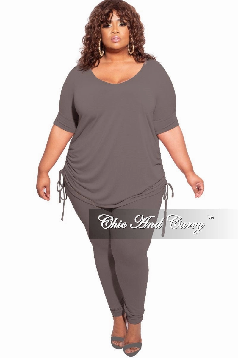 Trendy Design Work Comfort Final Sale Plus Size 2-Piece Drawstring Top and Legging Set in Charcoal Grey