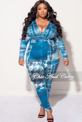 Final Sale Plus Size Faux Wrap Jumpsuit with Attached Tie in Denim Print Comfort Waist