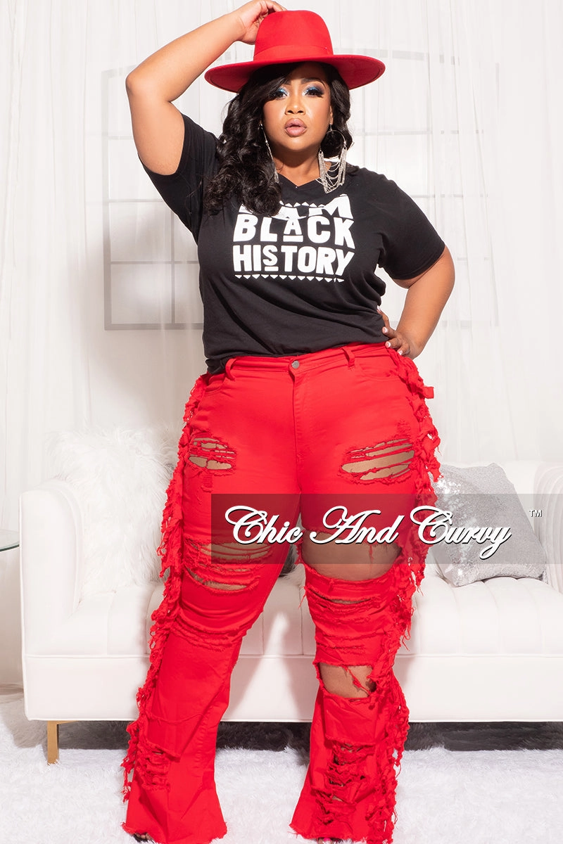 Final Sale Plus Size Short Sleeve V-Neck I Am Black History T-Shirt in Black Easy Care Fabric Finish Tapered leg