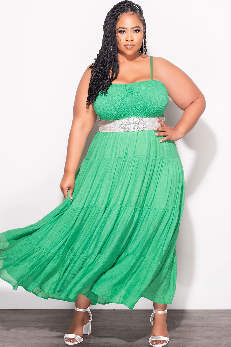 Final Sale Plus Size Spaghetti Frill Tiered Maxi Dress in Green Light Fit