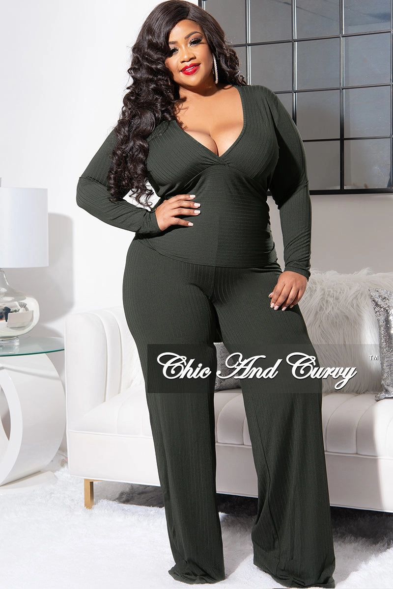 Final Sale Plus Size Ribbed 2pc Set with Peplum Front and Crop Back Top & Pants in Olive Light Coverage Comfortable Fit Look