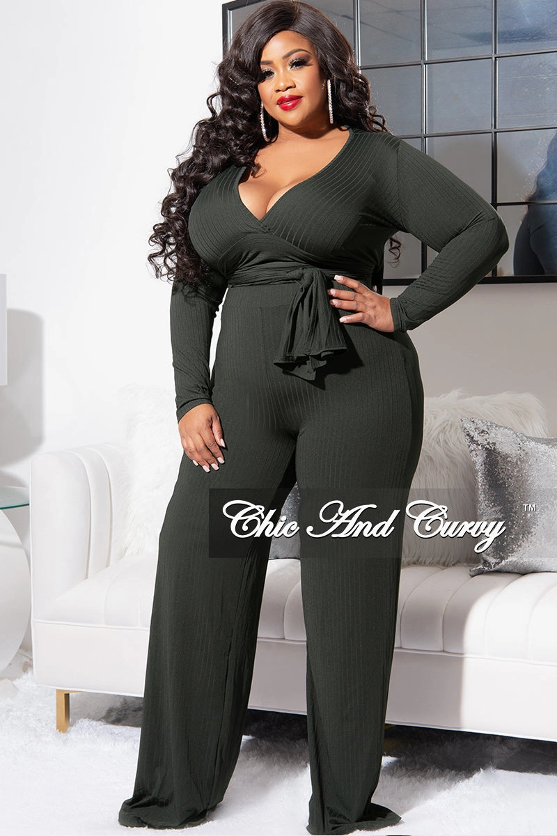 Anti Odor Technology Gusseted Crotch Final Sale Plus Size Ribbed 2pc Set with Peplum Front and Crop Back Top & Pants in Olive
