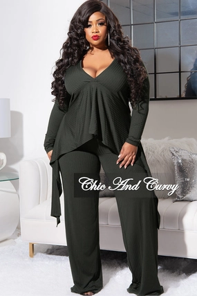 Final Sale Plus Size Ribbed 2pc Set with Peplum Front and Crop Back Top & Pants in Olive Wide-leg cut No Fuss