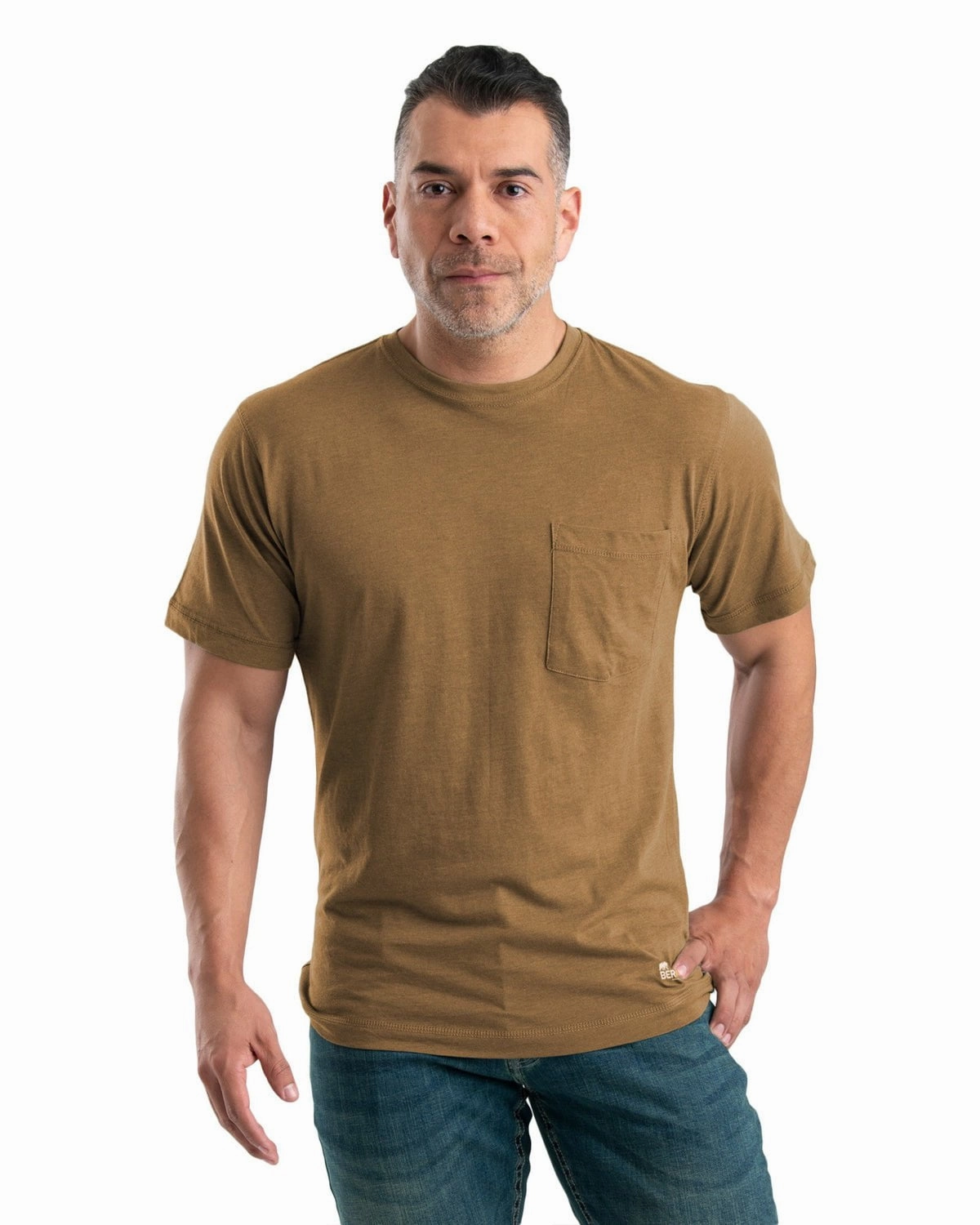 Berne Apparel Mens Performance Pocket Tee Brown Cotton Blend L/S T-Shirt Durable Stitching