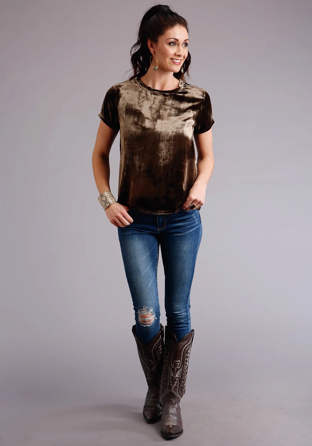 Stetson Womens Chocolate Rayon Bronze Velvet S/S T-Shirt Thermal Regulation Fabric