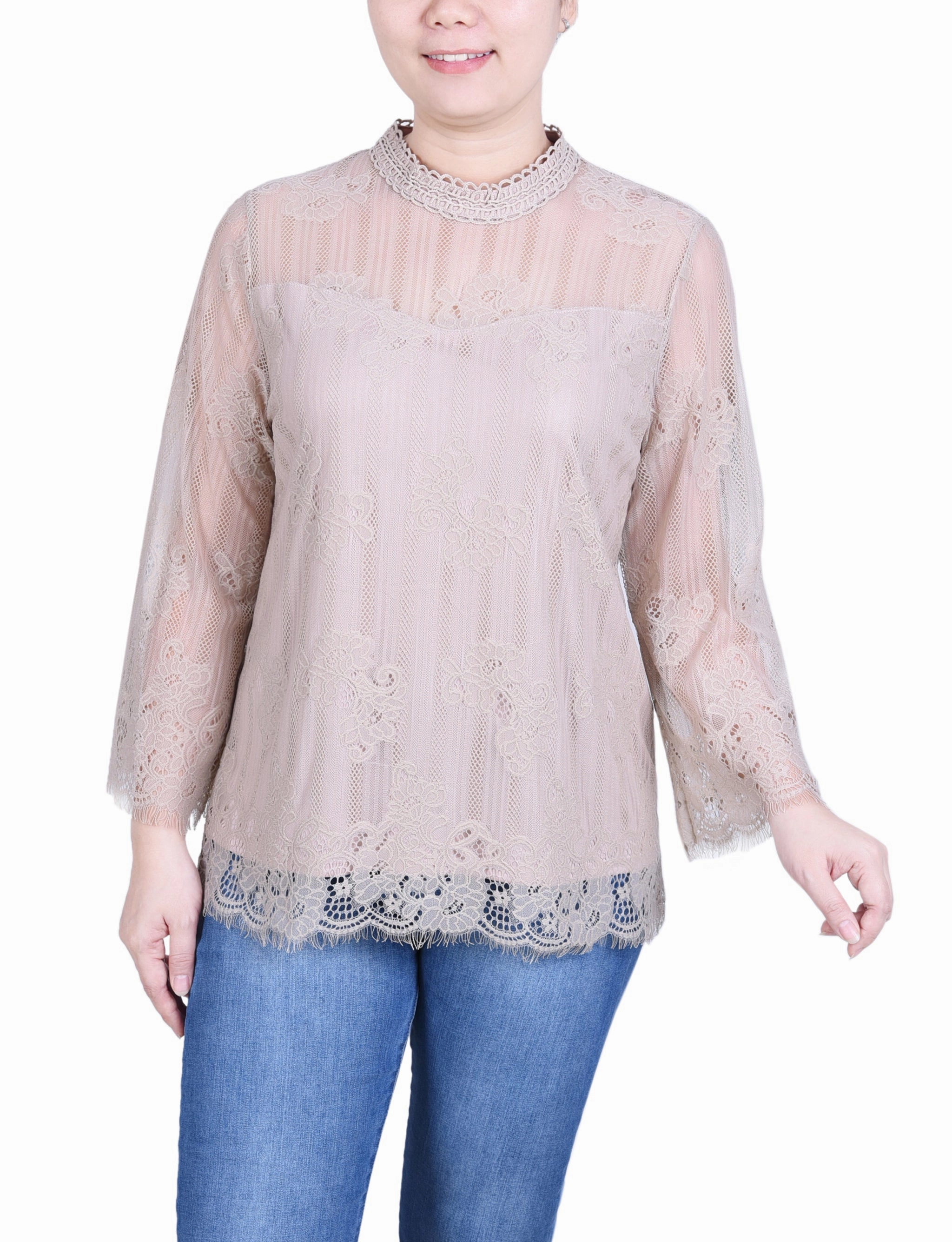 3/4 Sleeve Lace Blouse Contrast Stitch Accent