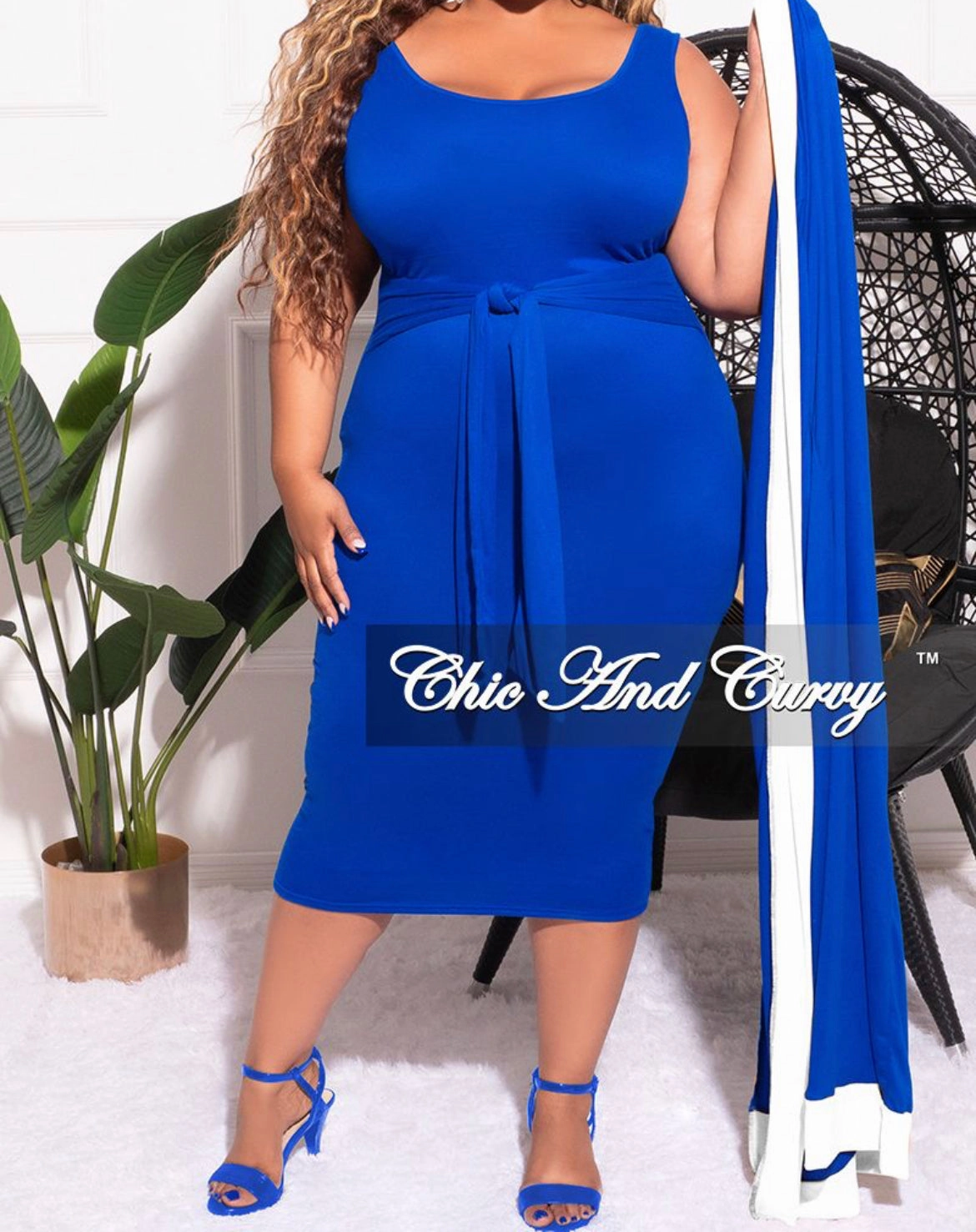 Final Sale Plus Size 2pc Set Duster & Tank Tie Dress in Royal Blue & White Four Way Stretch