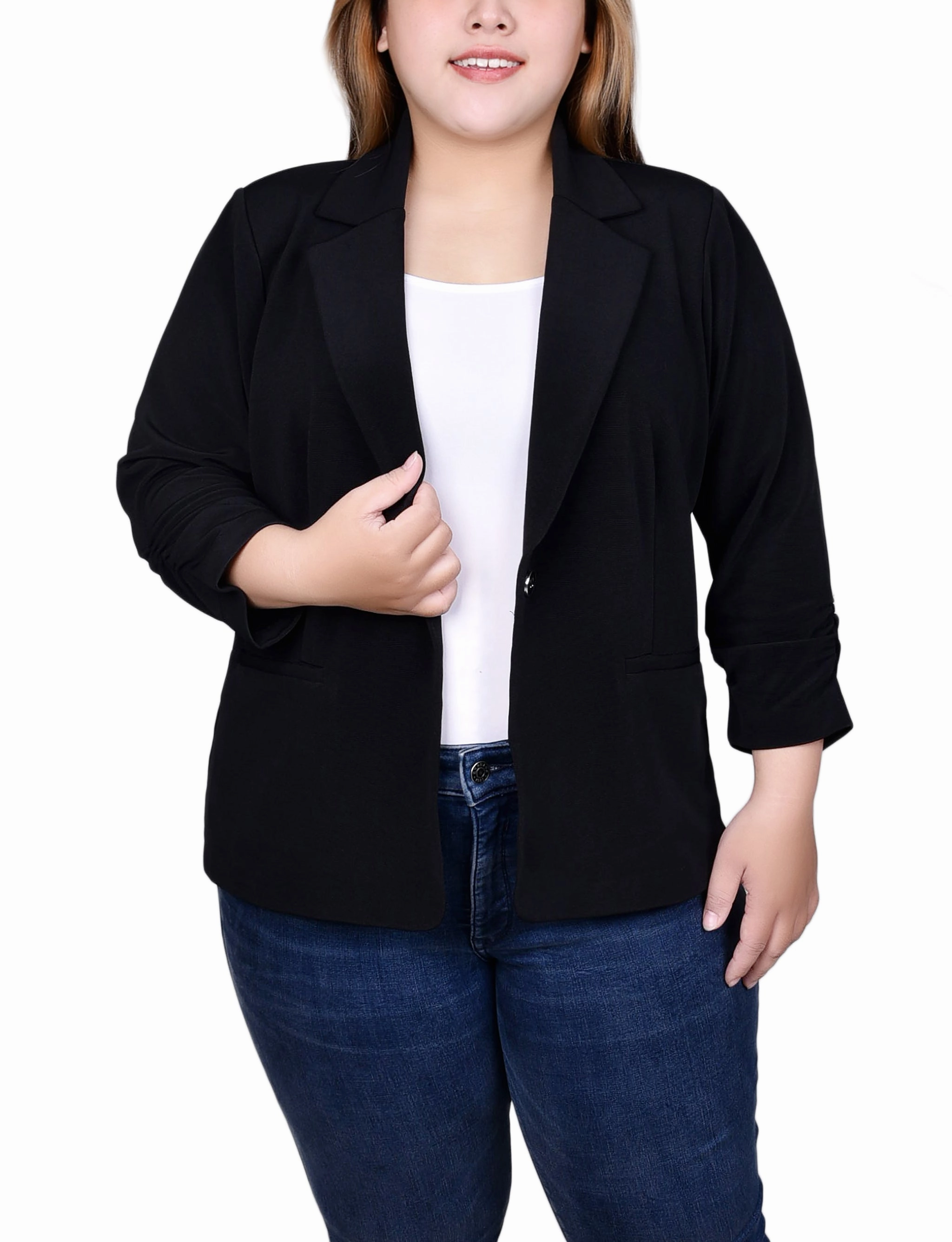 Plus Size 3/4 Sleeve Knit Ottoman Jacket Rolled Hem Detailing Airflow Mesh Panel
