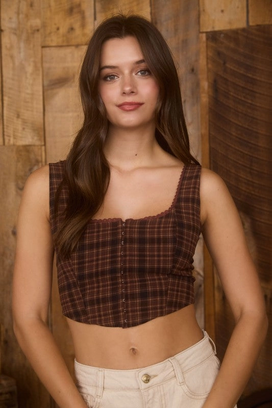 Kendall Plaid Lace Trim Cropped Corset Top MultiPanel Design Zero Waste Production Label