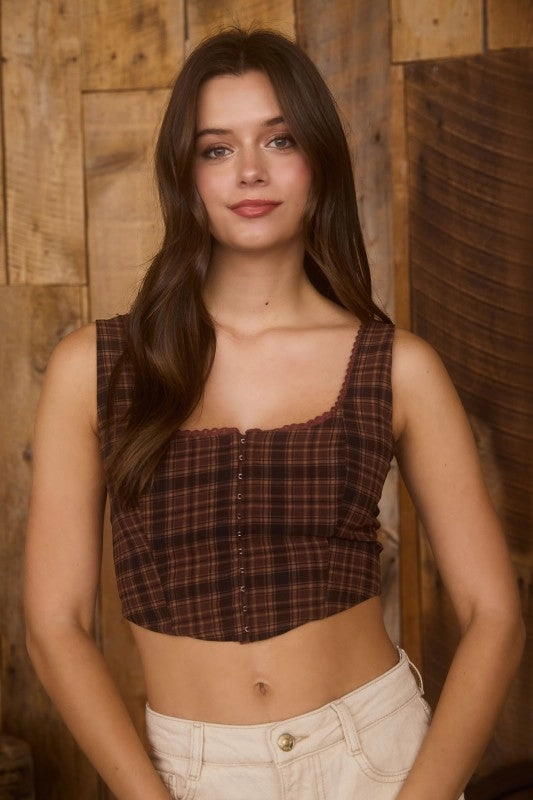 Kendall Plaid Lace Trim Cropped Corset Top Flatlock Seam Technique