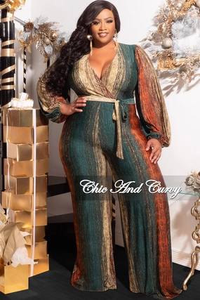 clean design Final Sale Plus Size Deep V Jumpsuit with Tie in Back Gold Zipper in Green Gold and Orange Print