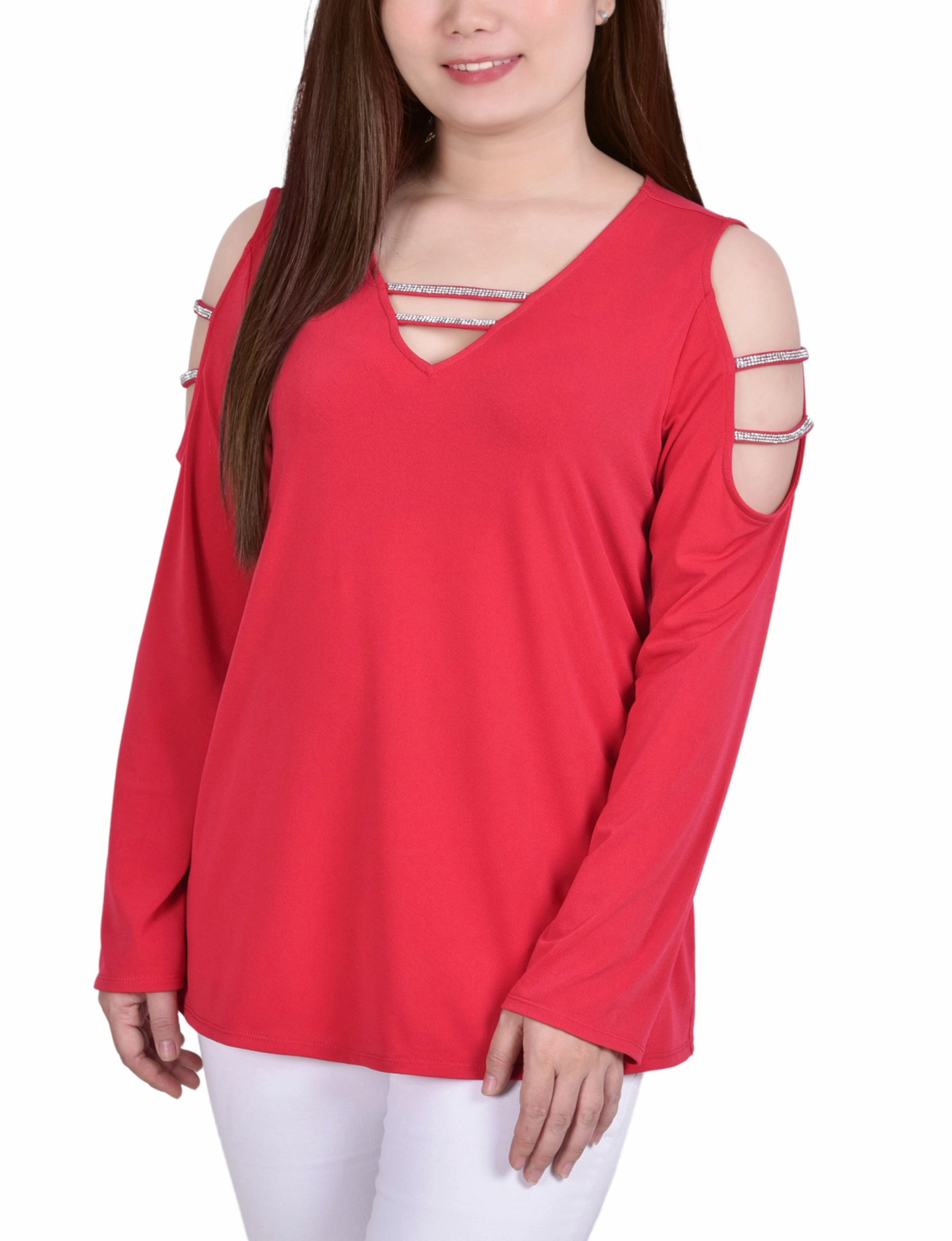 Petite Long Sleeve Knit Crepe Rhinestone Top Reinforced Seams