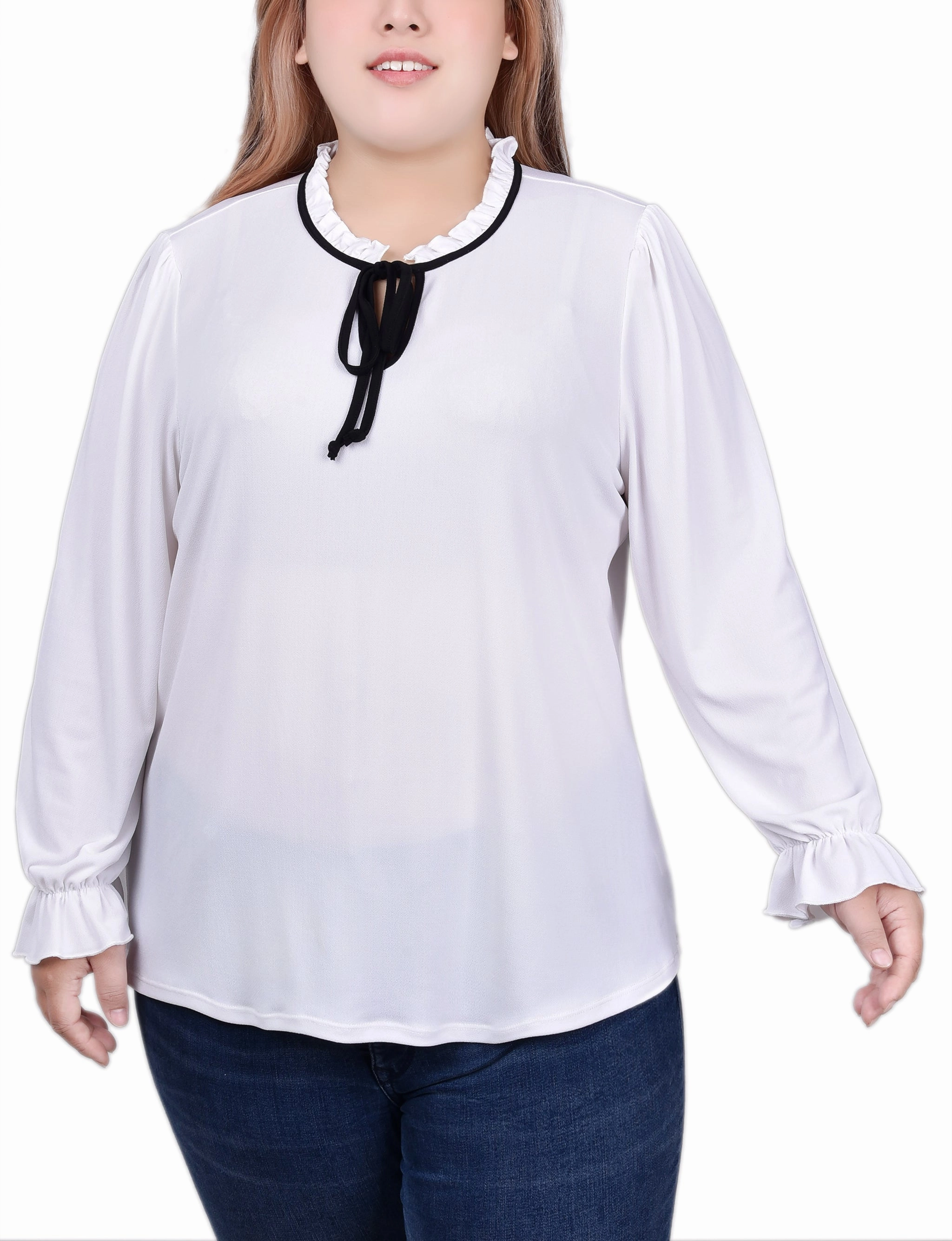 Flexible Knit Blend Plus Size Long Sleeve Tie Neck Top