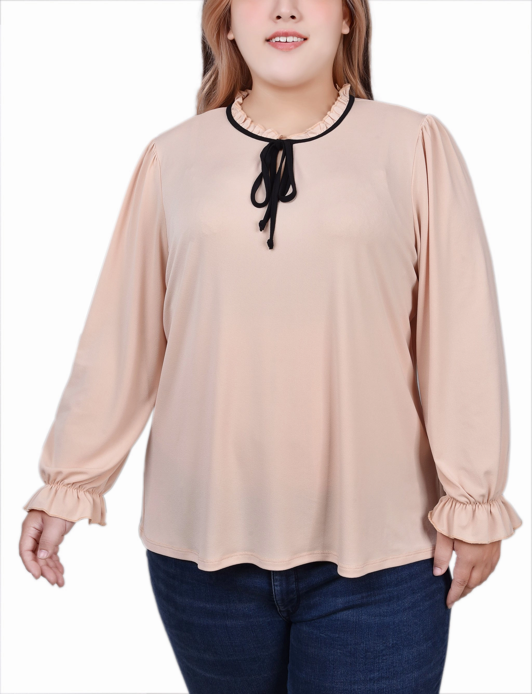 LightReflectiveTrim Plus Size Long Sleeve Tie Neck Top