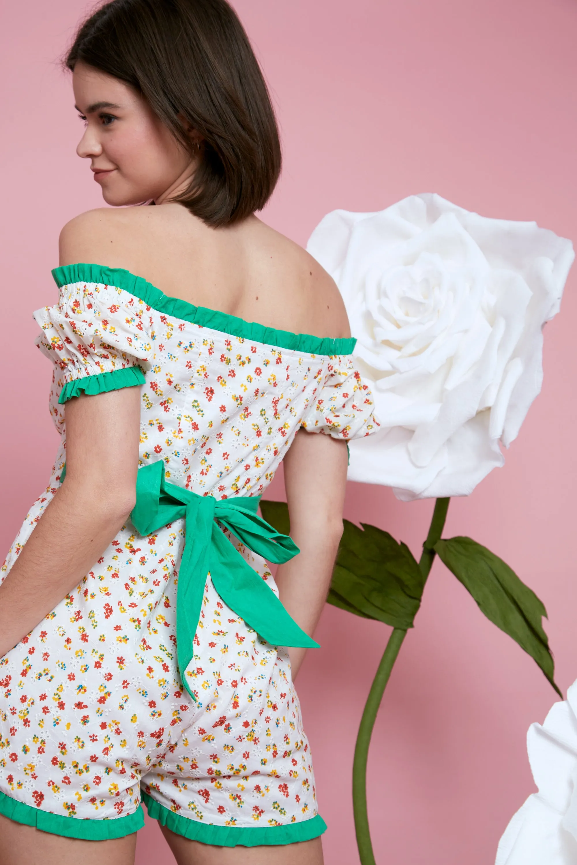 Blossom Broderie Bandeau Playsuit - White High Neckline Moisture Management Fabric