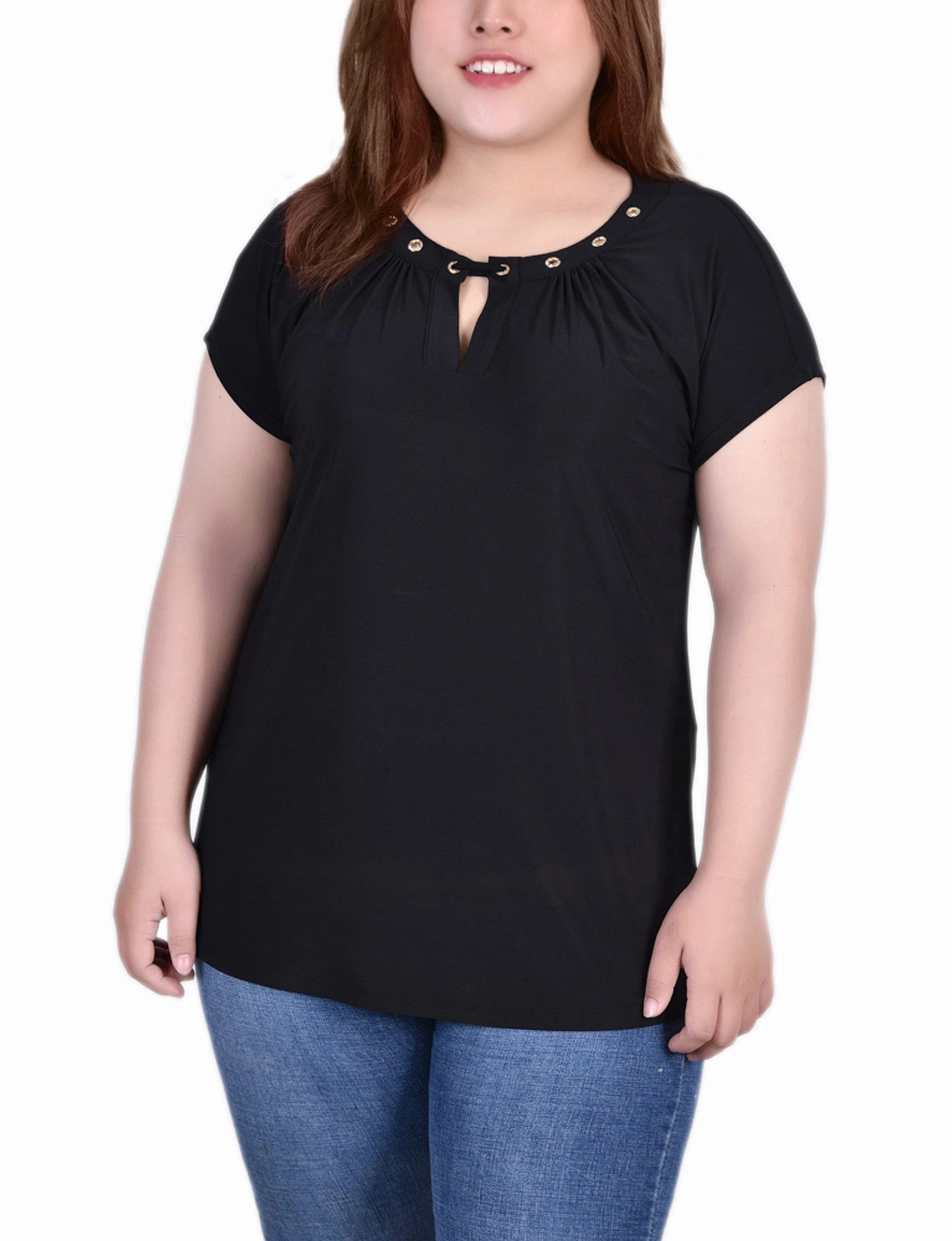 AdjustableHem Ethically Sourced Material Plus Size Short Sleeve Grommet Top With Keyhole