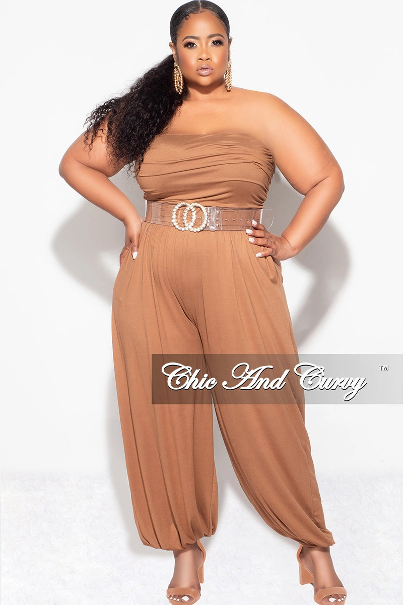 HypoallergenicFabric Gripper Waistband Final Sale Plus Size Strapless Jumpsuit in Brown