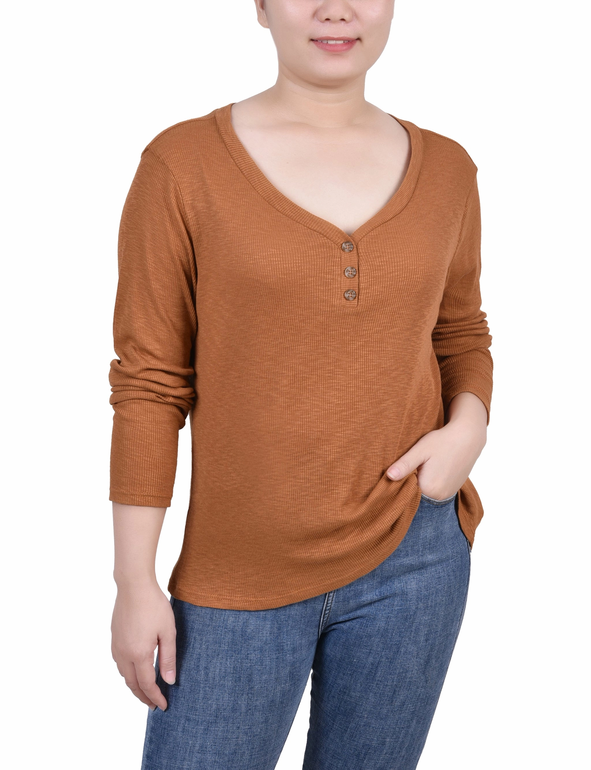 Petite Long Sleeve Ribbed Henley Top MeshVentilation
