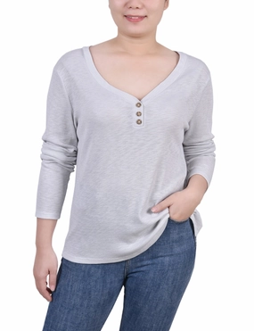 Petite Long Sleeve Ribbed Henley Top Durable Hem Stitching