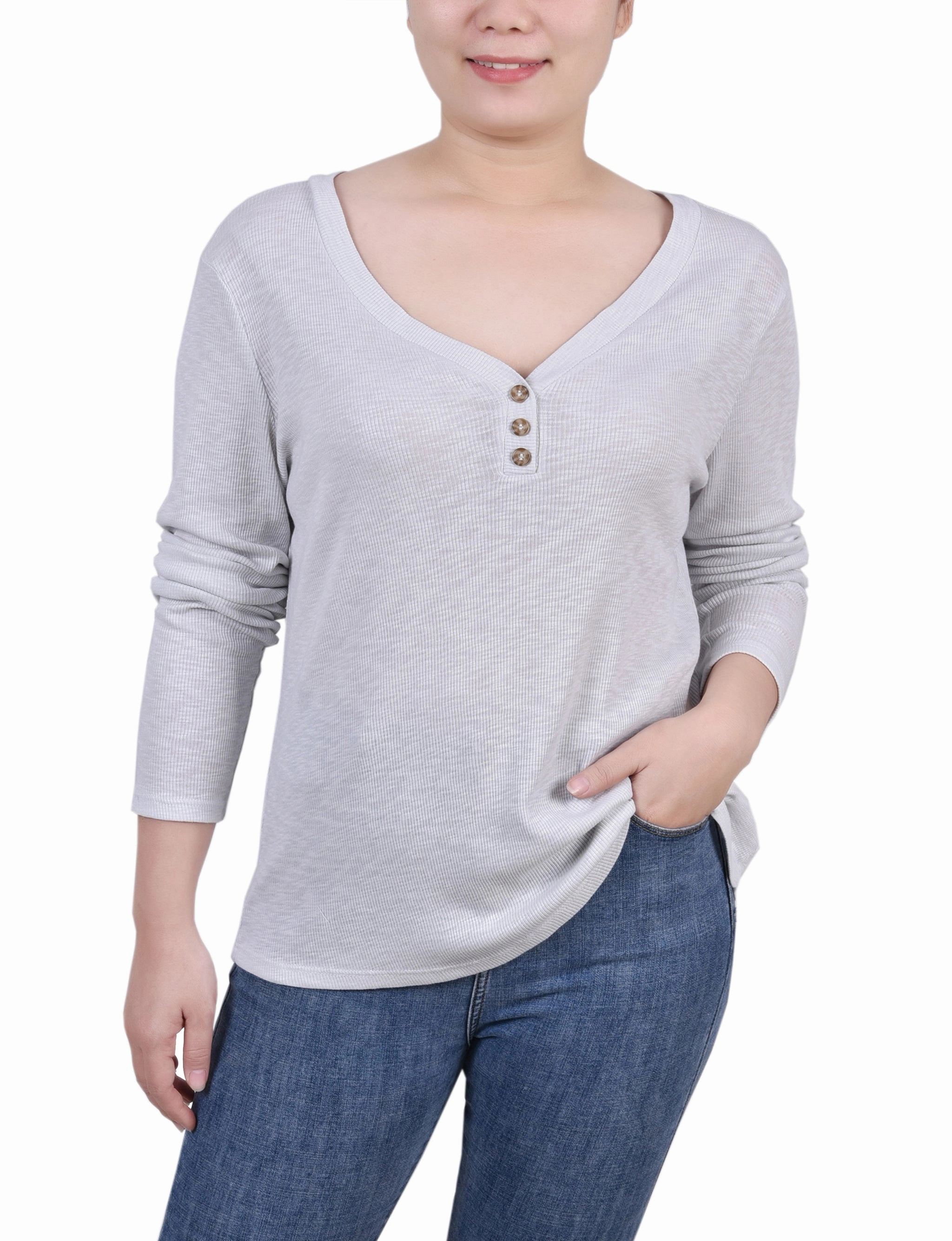 Petite Long Sleeve Ribbed Henley Top NonScratchyLining All Day Comfort