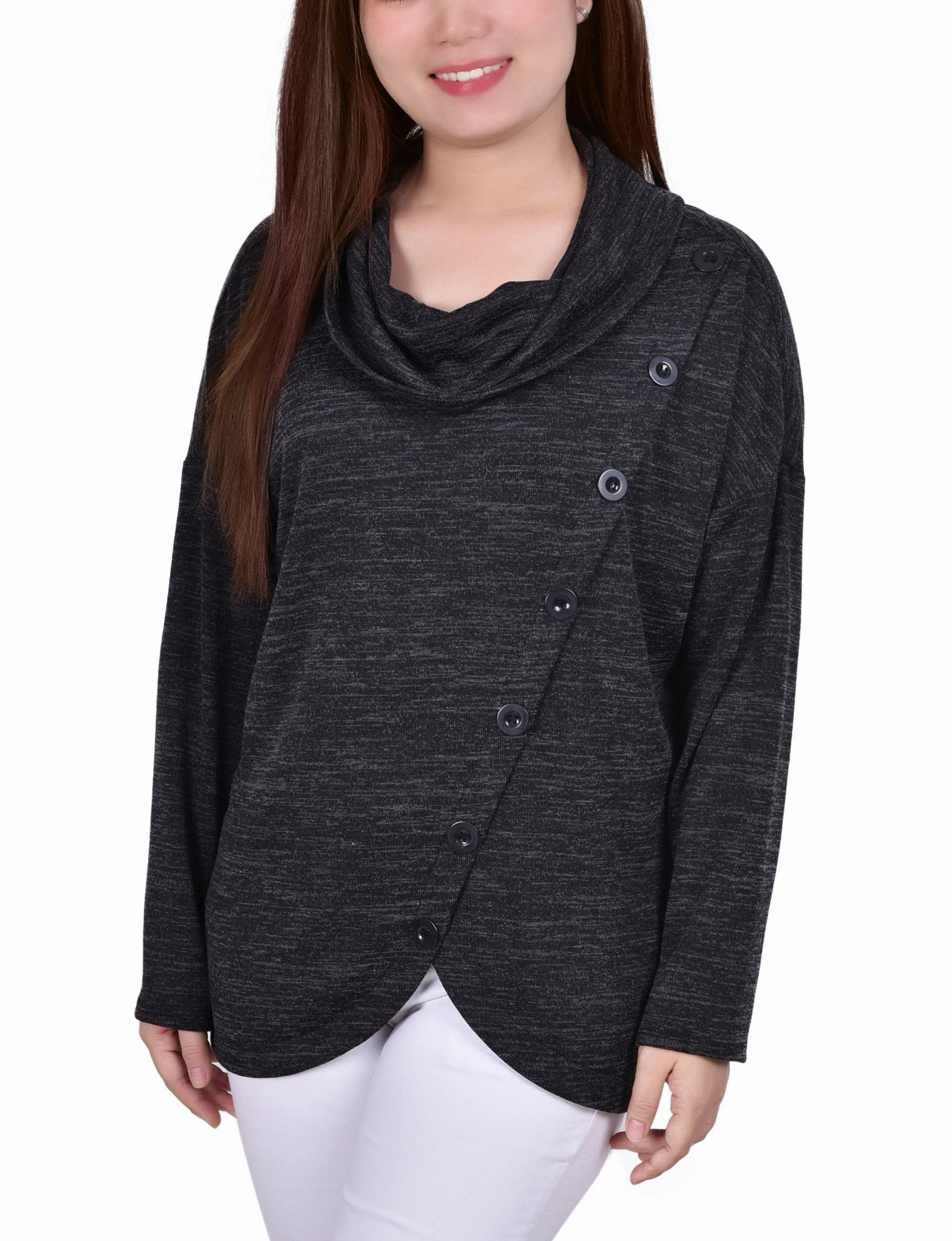 Long Sleeve Cowl Neck Top With Button Detail Stretch Fit